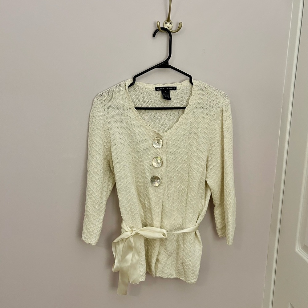 Sweet White Knit Cardigan with Satin Belt